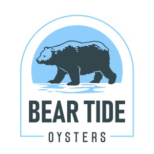 Logo of a bear walking over water with 'Bear Tide Oysters' text.